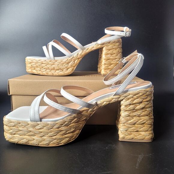 Steve Madden Belise 11 White Leather Strappy Raffia Espadrille Chunky Heels‎ NWB - Picture 4 of 8